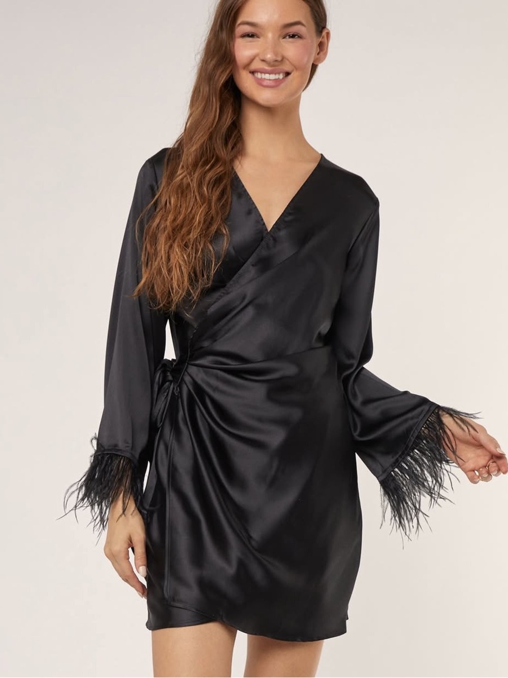 Black Satin Wrap Dress with Feather Cuffs